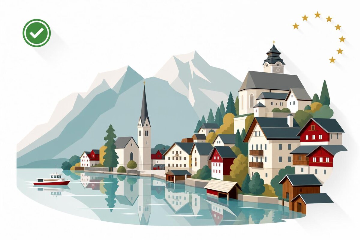 Flat illustration of a landmark in Austria with a verified VAT checkmark.