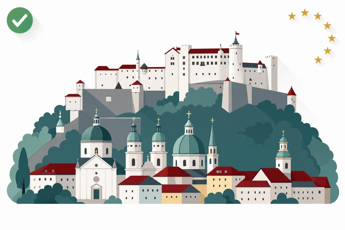 Flat illustration of a landmark in Austria with a verified VAT checkmark.