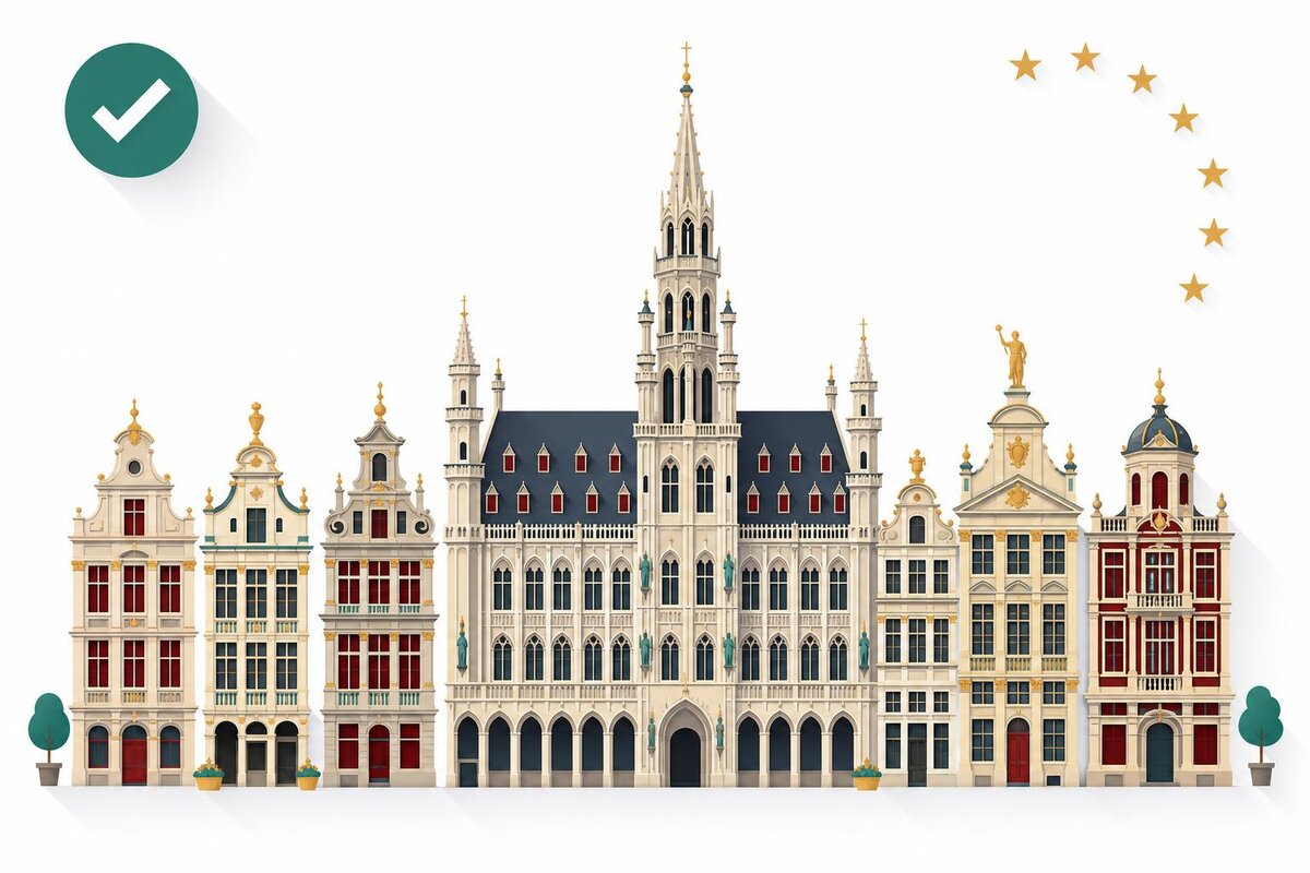 Flat illustration of a landmark in Belgia with a verified VAT checkmark.