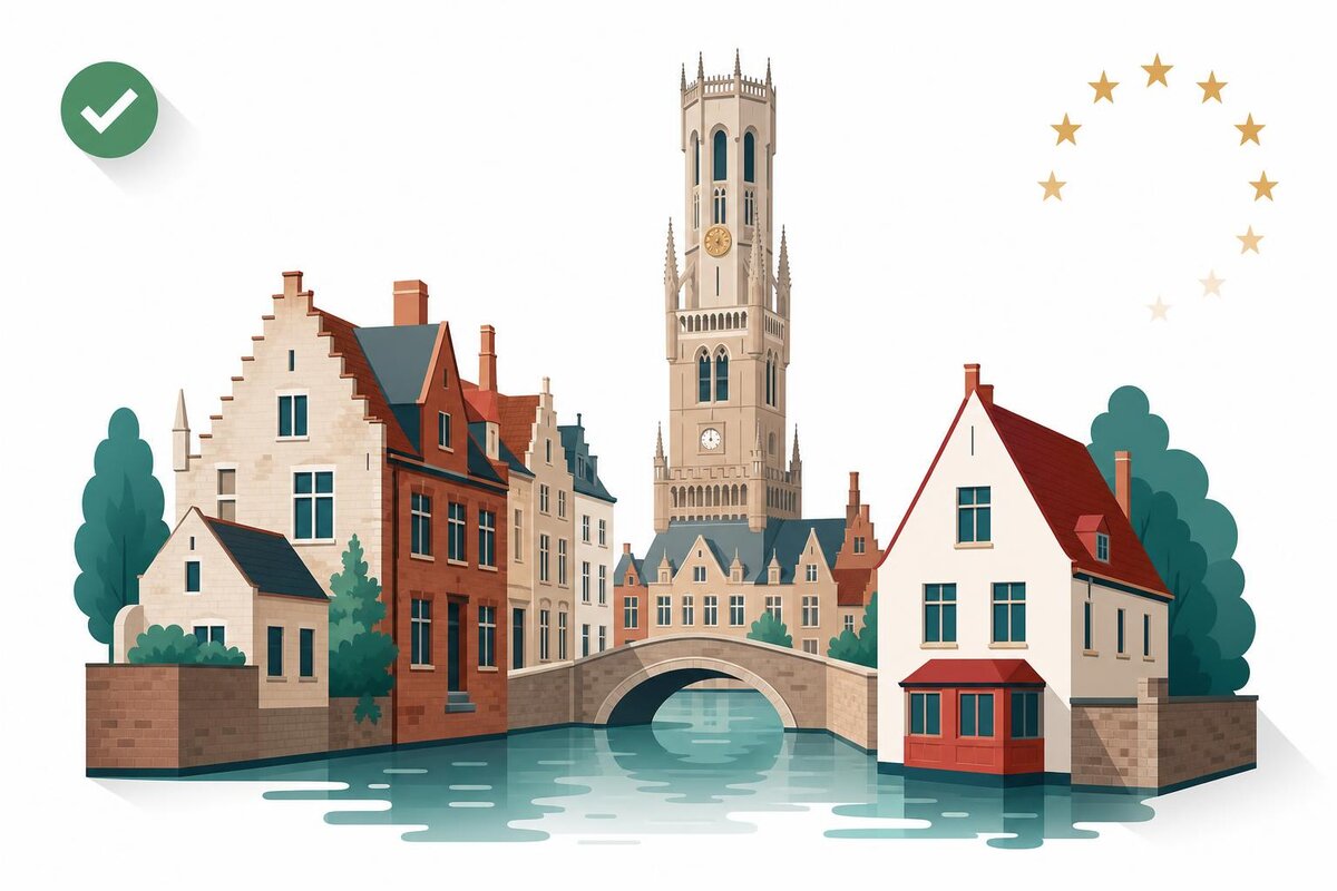 Flat illustration of a landmark in Belgia with a verified VAT checkmark.