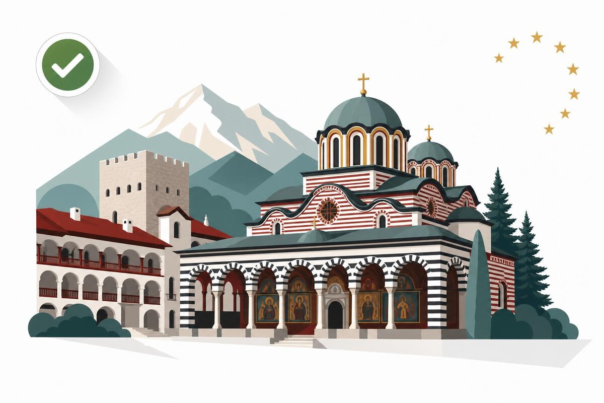 Flat illustration of a landmark in Bulgaria with a verified VAT checkmark.
