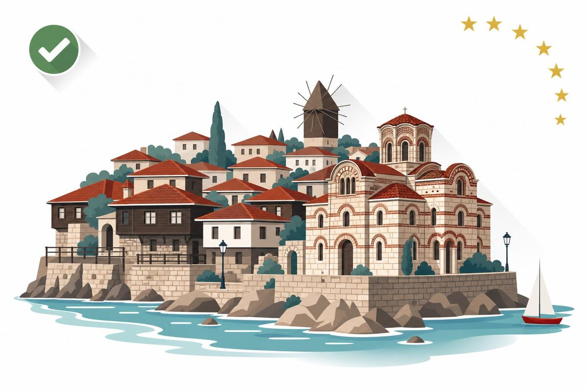 Flat illustration of a landmark in Bulgaria with a verified VAT checkmark.
