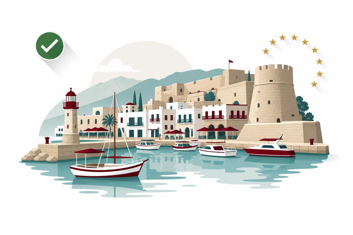 Flat illustration of a landmark in Cypr with a verified VAT checkmark.