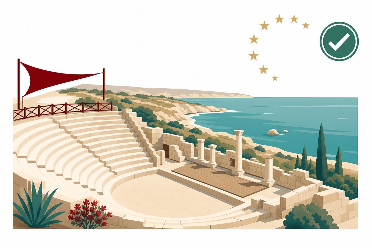 Flat illustration of a landmark in Cypr with a verified VAT checkmark.