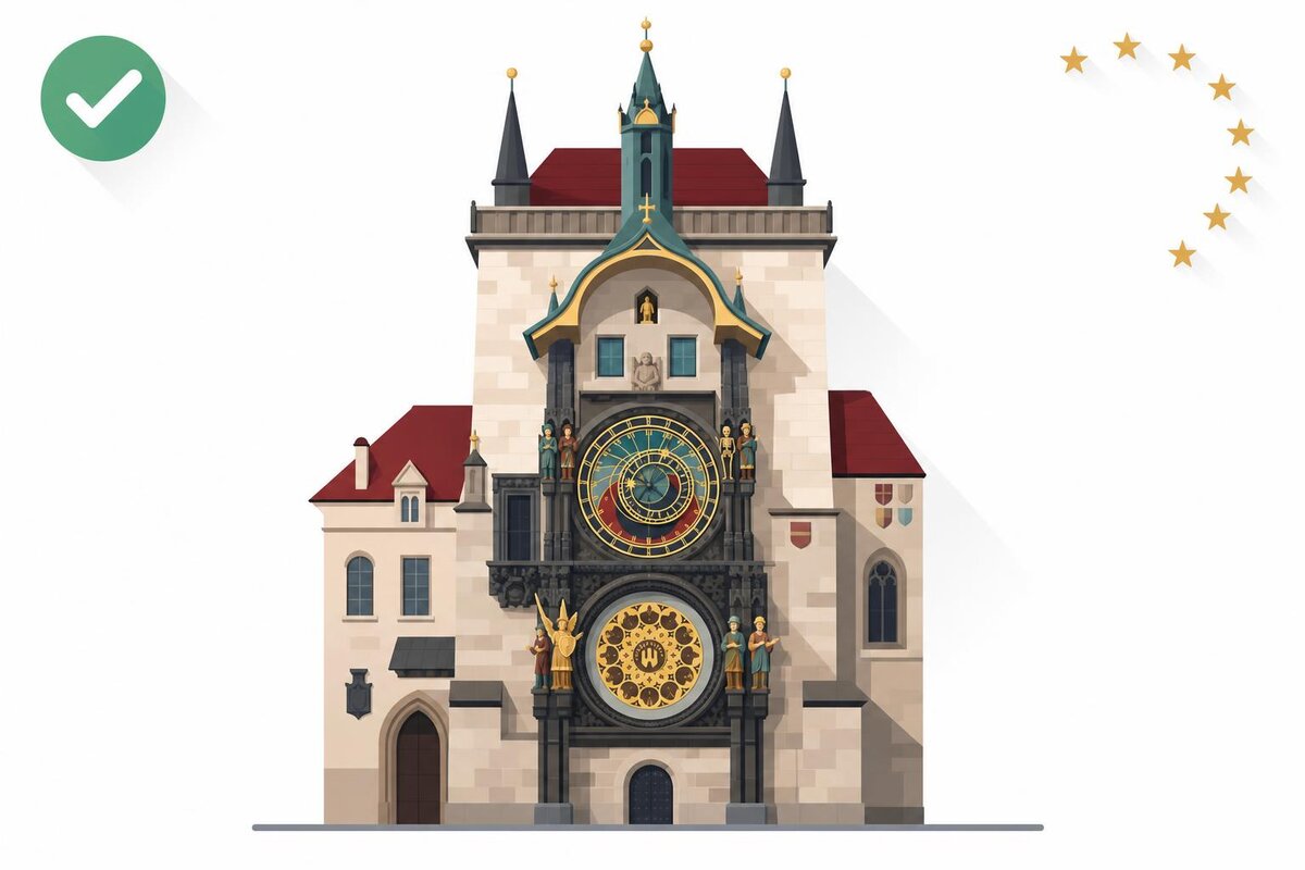 Flat illustration of a landmark in Czechy with a verified VAT checkmark.