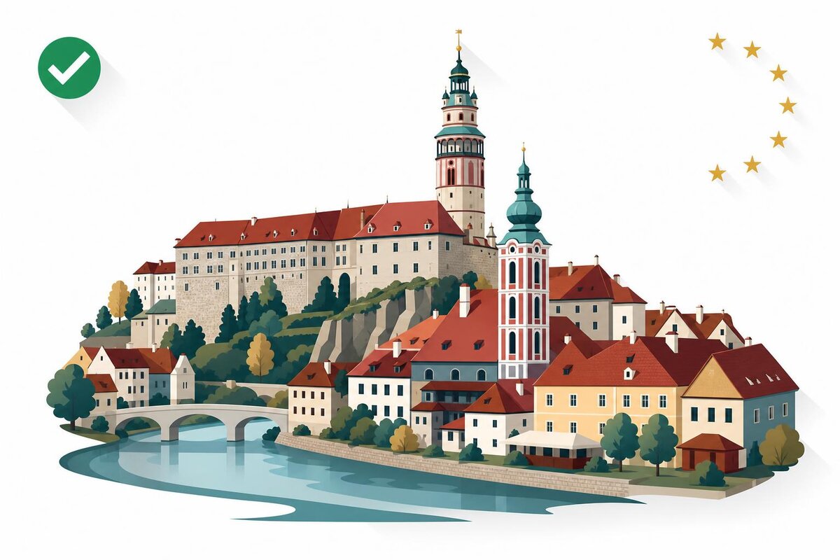 Flat illustration of a landmark in Czechy with a verified VAT checkmark.