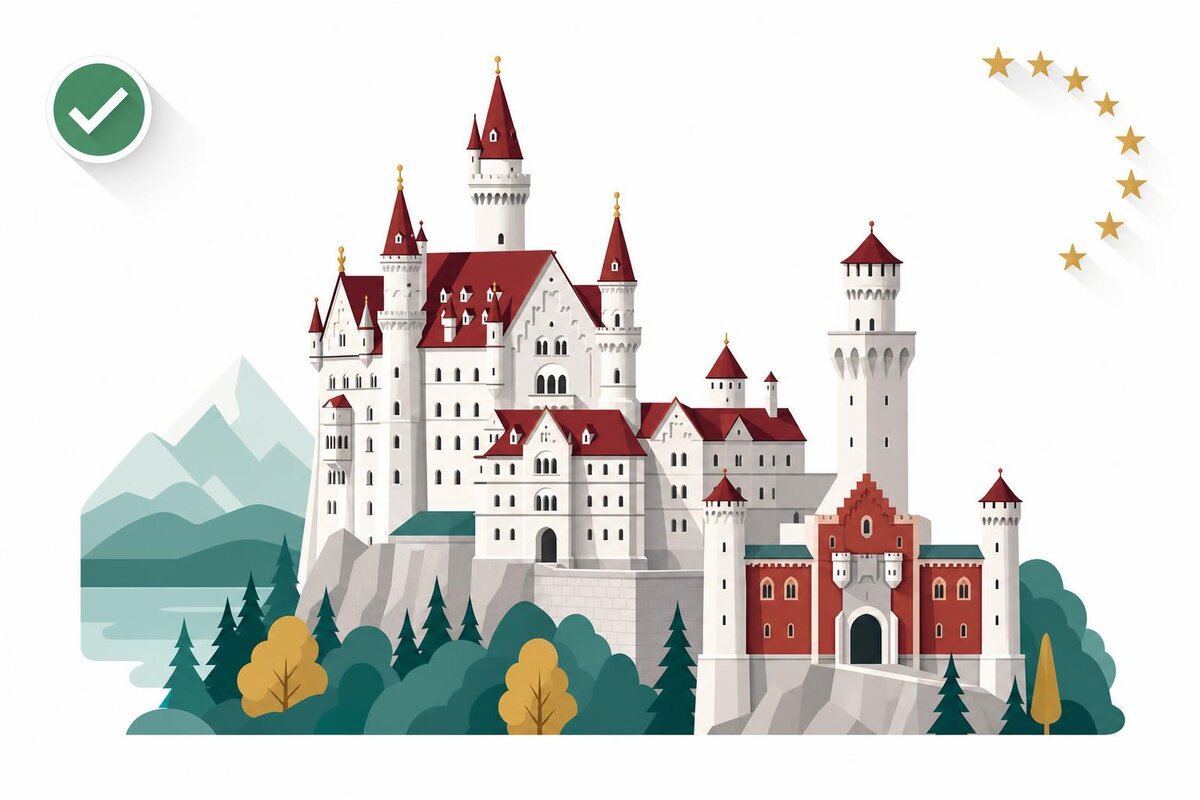 Flat illustration of a landmark in Niemcy with a verified VAT checkmark.