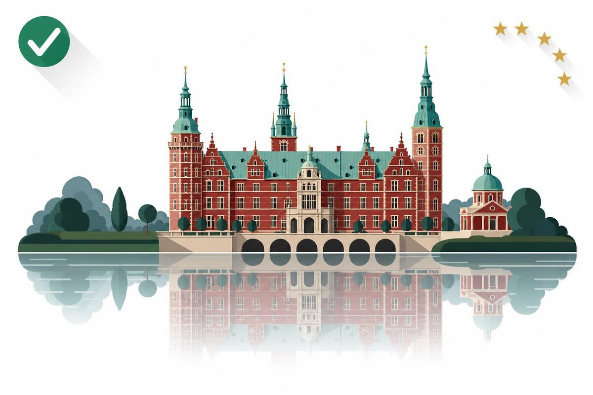 Flat illustration of a landmark in Dania with a verified VAT checkmark.