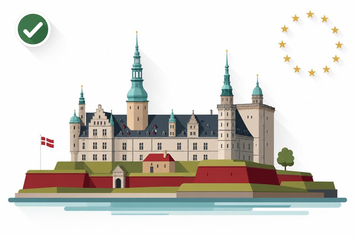 Flat illustration of a landmark in Dania with a verified VAT checkmark.