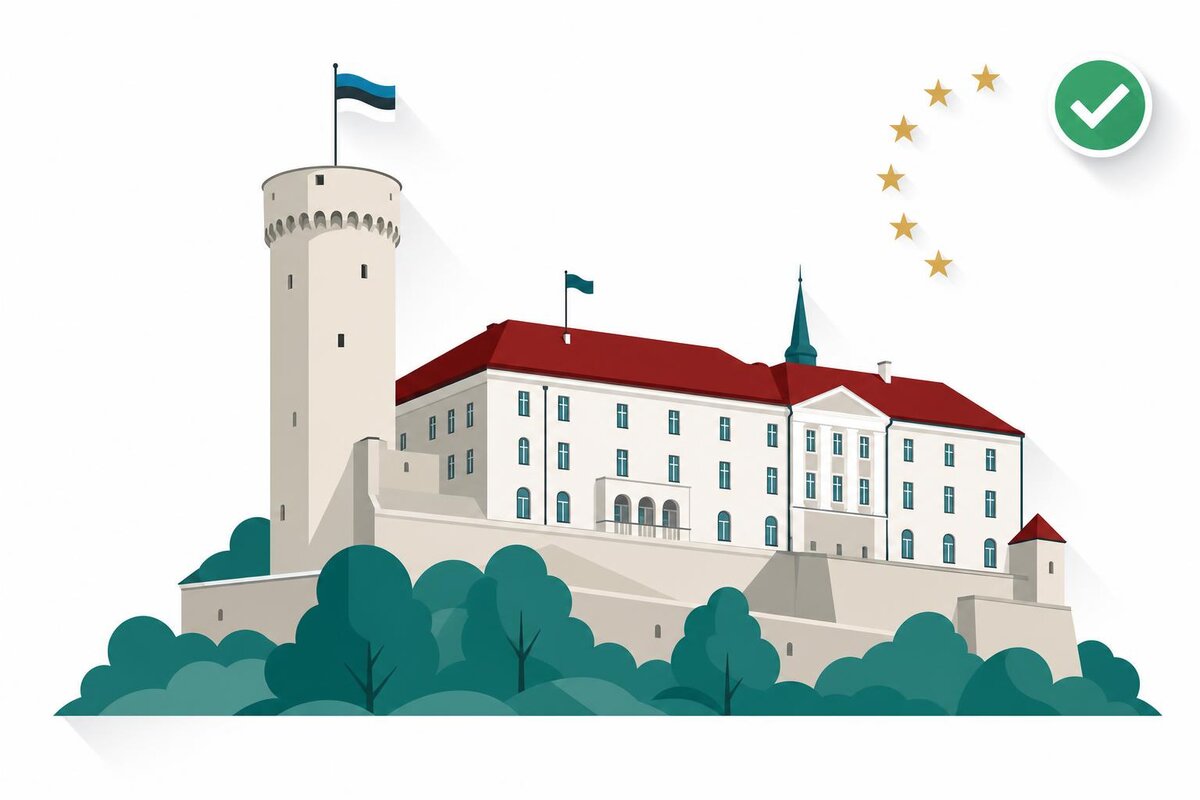 Flat illustration of a landmark in Estonia with a verified VAT checkmark.