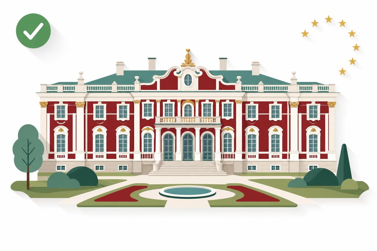 Flat illustration of a landmark in Estonia with a verified VAT checkmark.