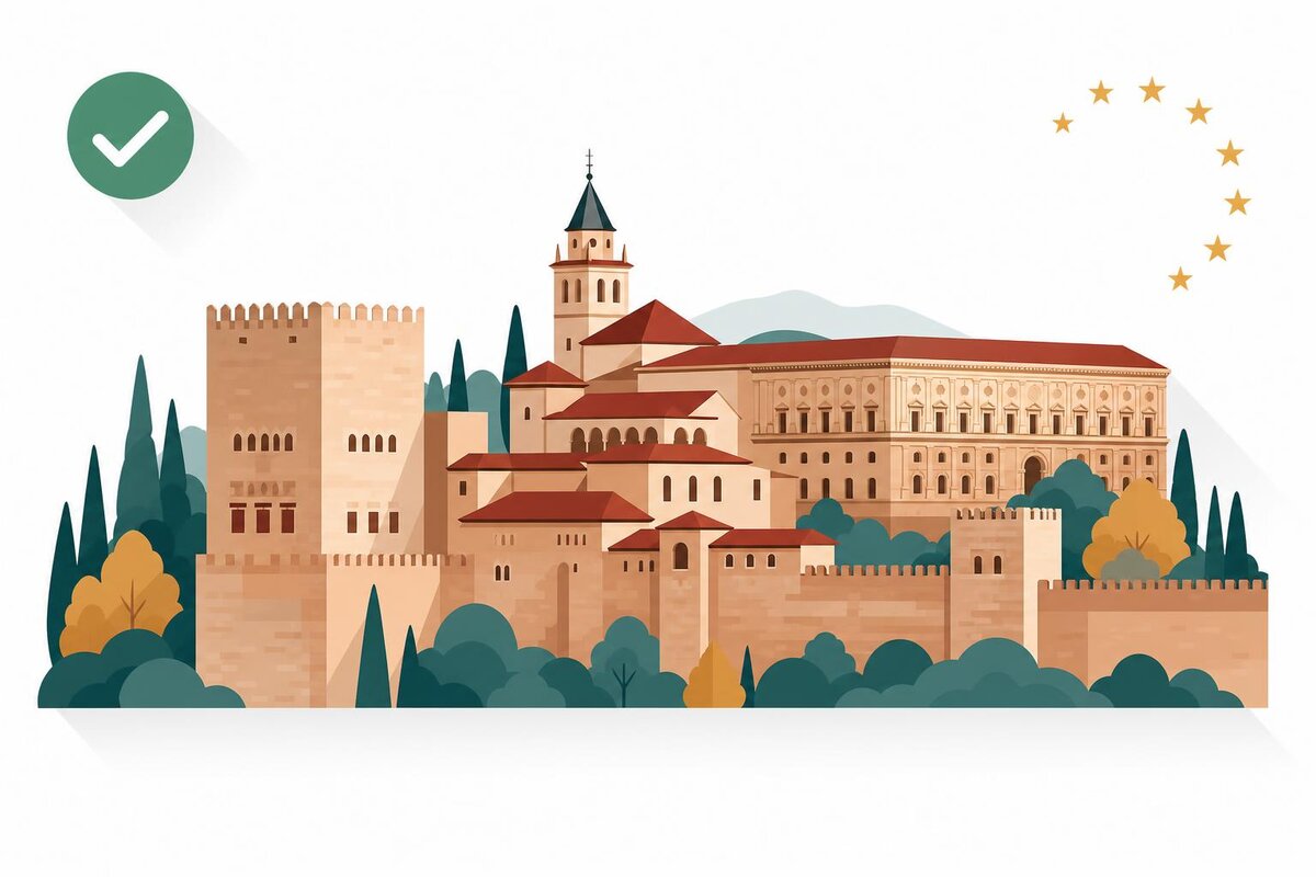 Flat illustration of a landmark in Hiszpania with a verified VAT checkmark.