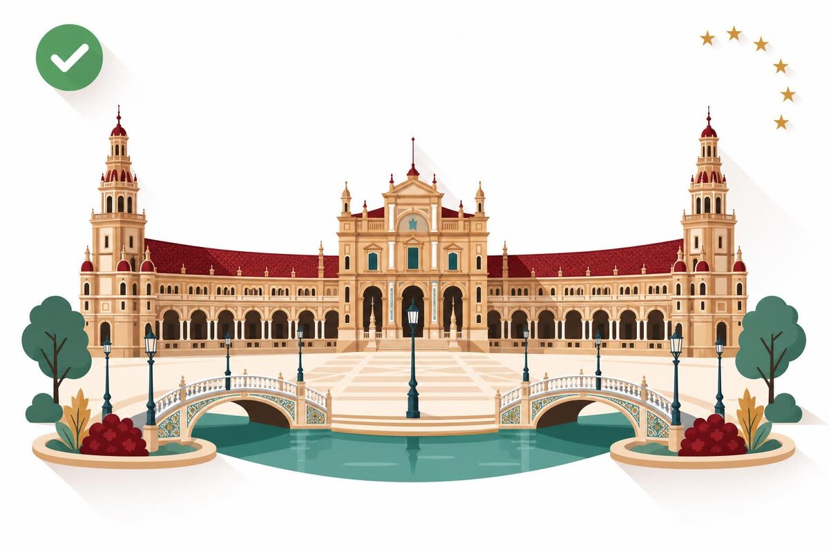 Flat illustration of a landmark in Hiszpania with a verified VAT checkmark.