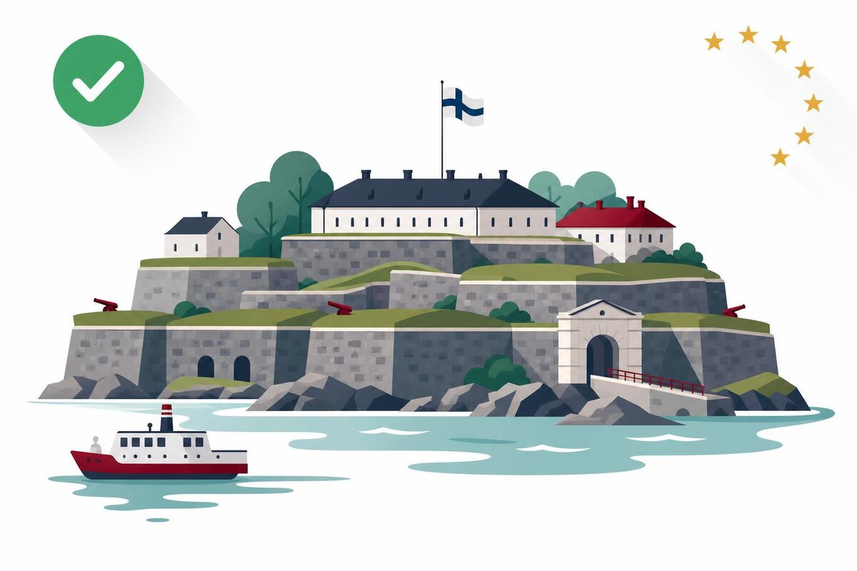 Flat illustration of a landmark in Finlandia with a verified VAT checkmark.