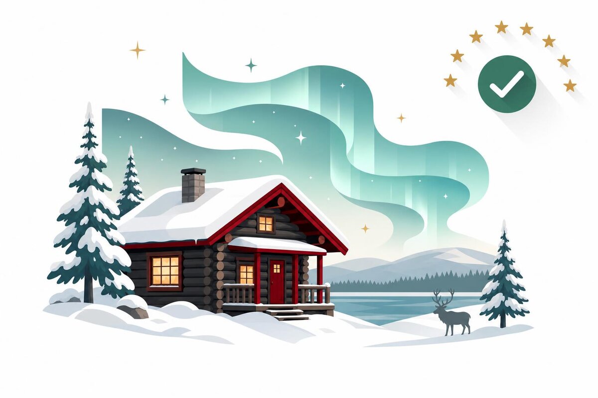Flat illustration of a landmark in Finlandia with a verified VAT checkmark.