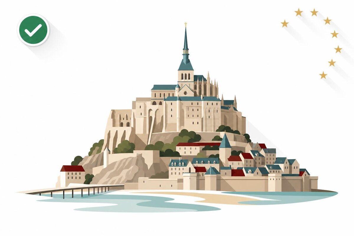 Flat illustration of a landmark in Francja with a verified VAT checkmark.