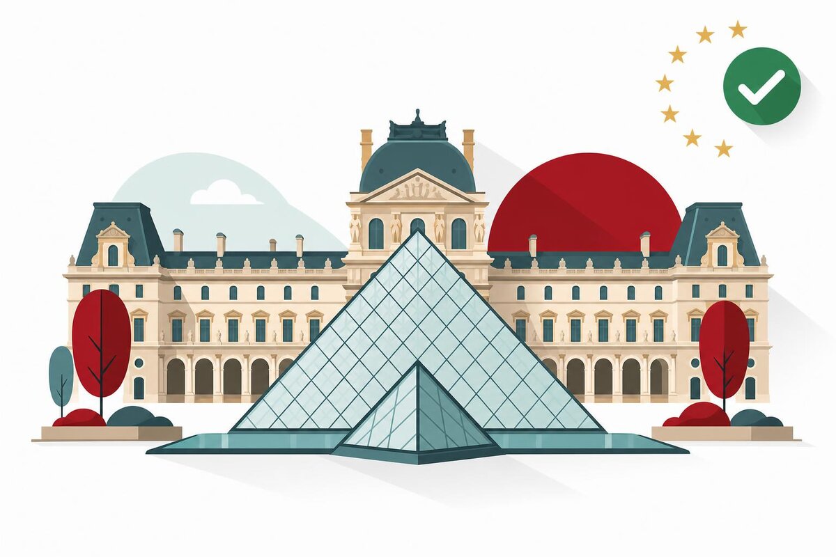 Flat illustration of a landmark in Francja with a verified VAT checkmark.