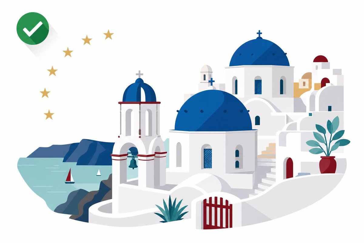 Flat illustration of a landmark in Grecia with a verified VAT checkmark.
