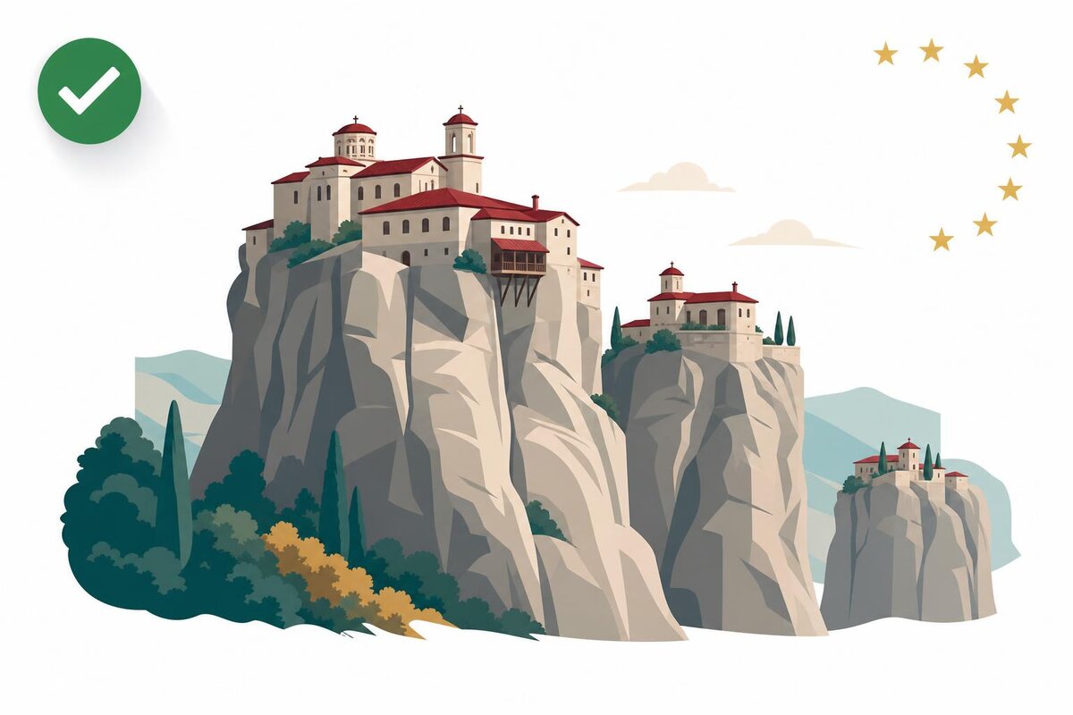 Flat illustration of a landmark in Grecia with a verified VAT checkmark.