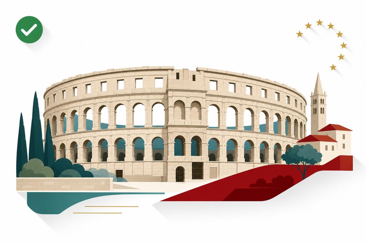 Flat illustration of a landmark in Croacia with a verified VAT checkmark.