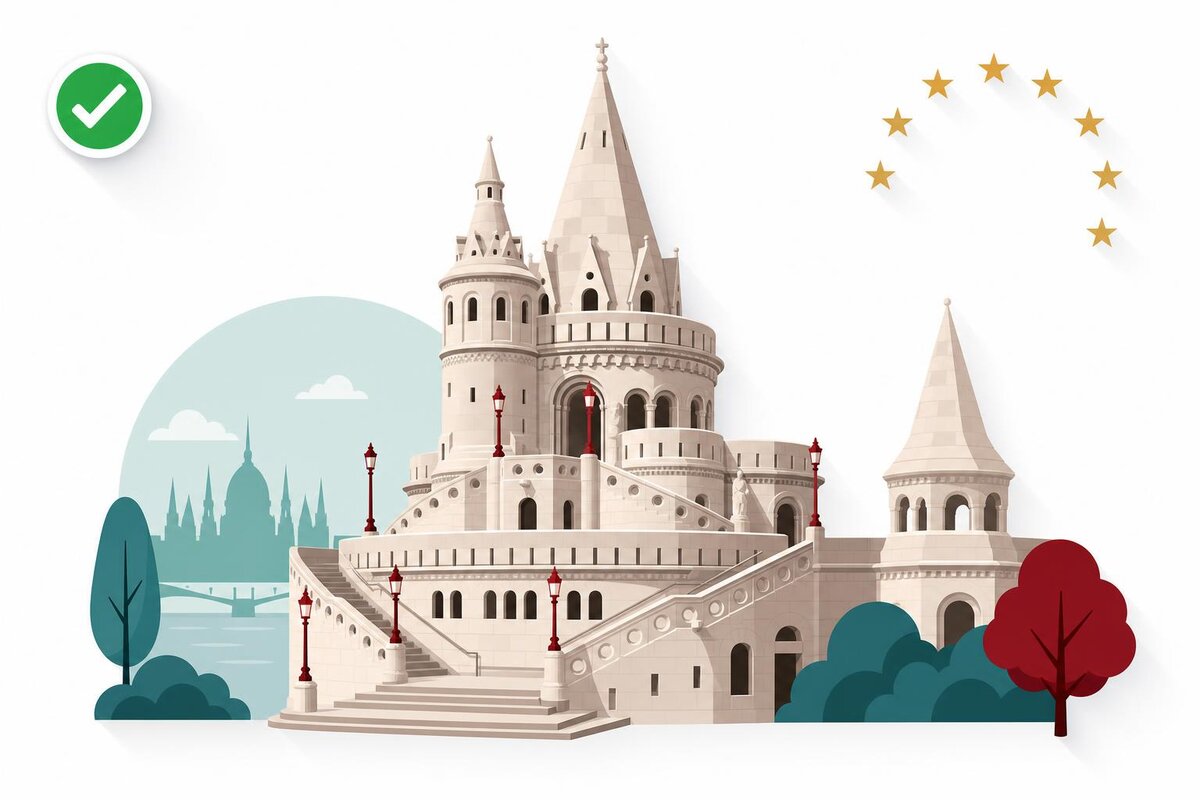 Flat illustration of a landmark in Wegry with a verified VAT checkmark.