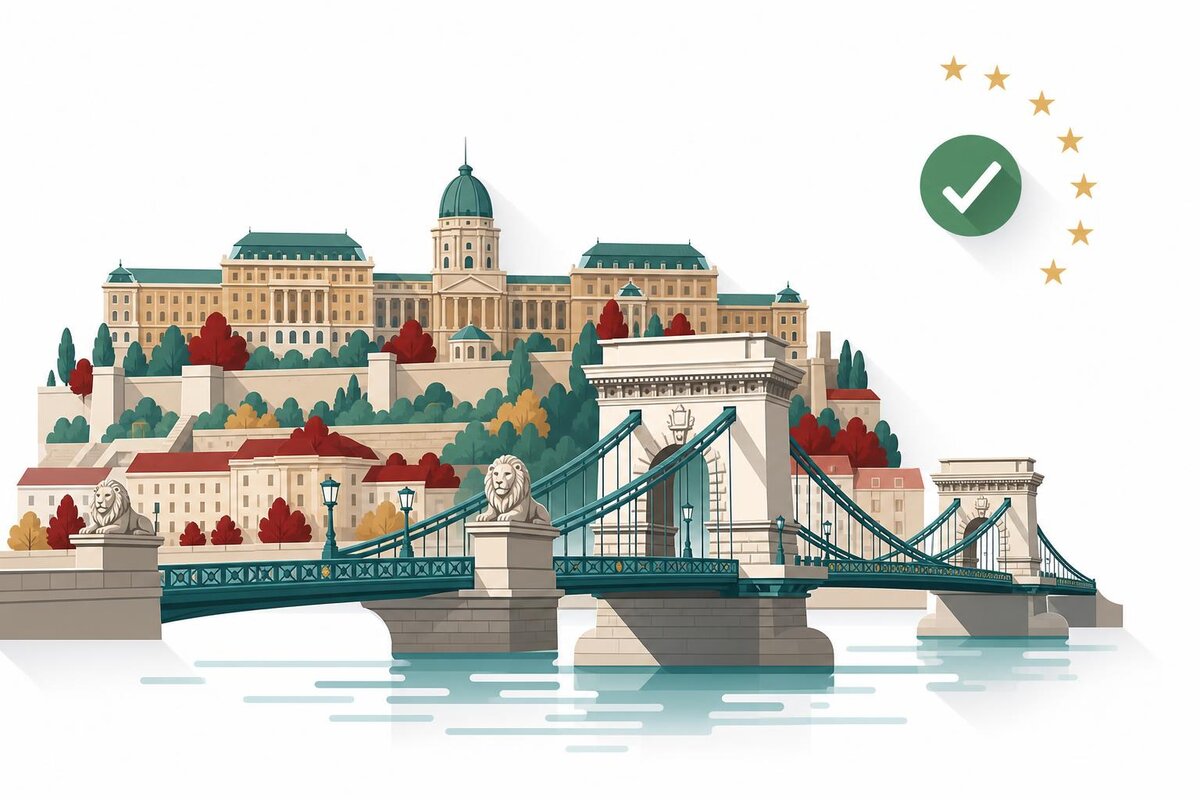 Flat illustration of a landmark in Wegry with a verified VAT checkmark.