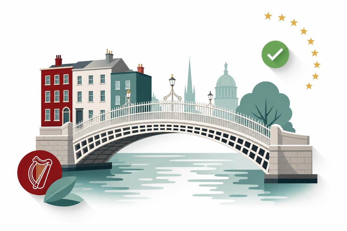 Flat illustration of a landmark in Irlanda with a verified VAT checkmark.