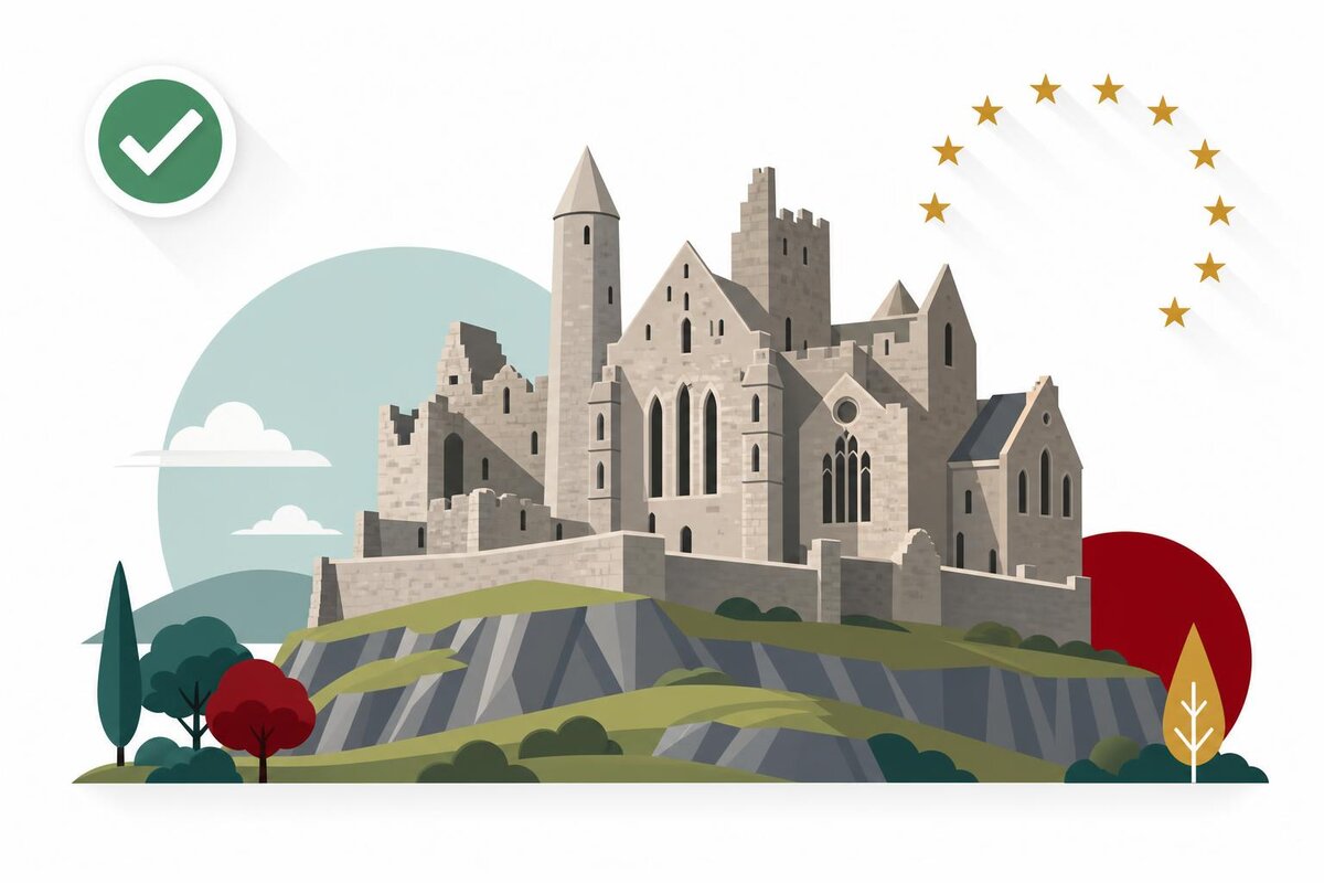 Flat illustration of a landmark in Irlanda with a verified VAT checkmark.