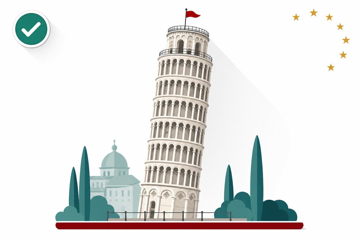 Flat illustration of a landmark in Italia with a verified VAT checkmark.