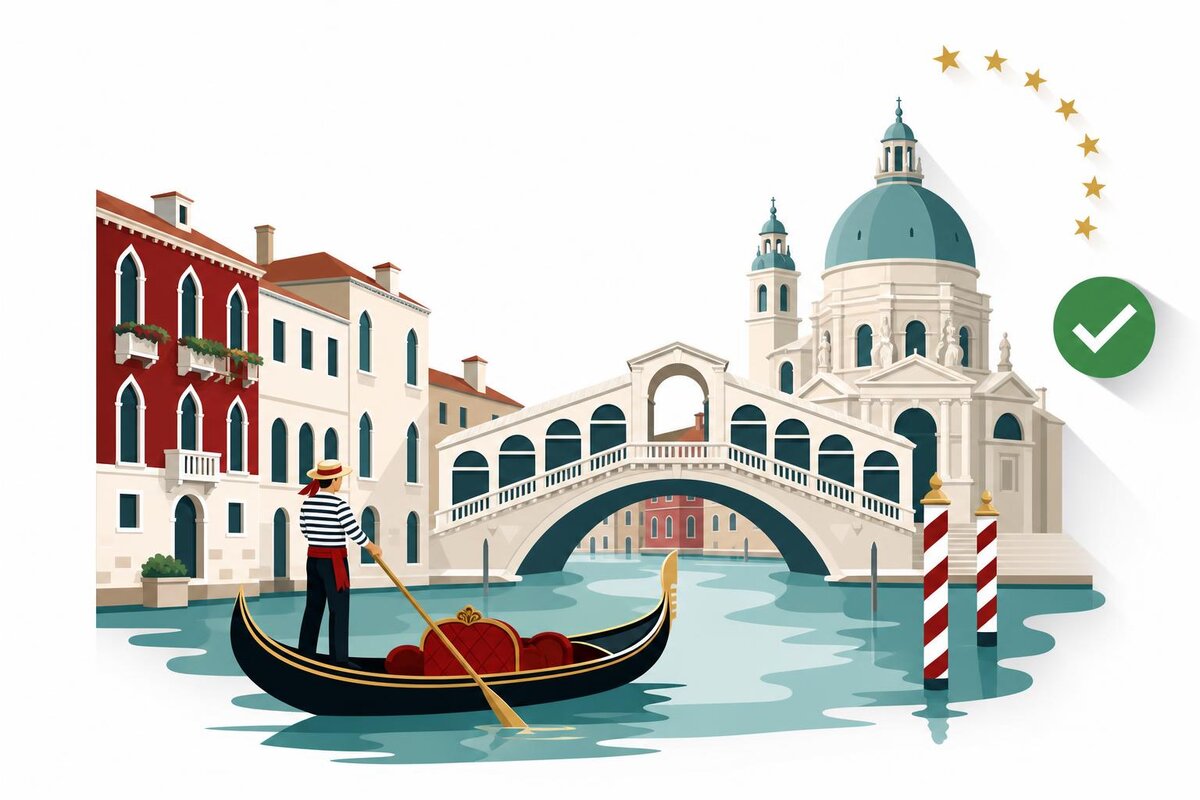 Flat illustration of a landmark in Italia with a verified VAT checkmark.