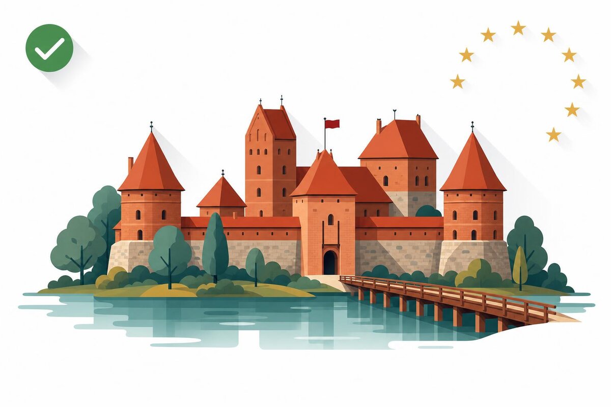 Flat illustration of a landmark in Lituania with a verified VAT checkmark.
