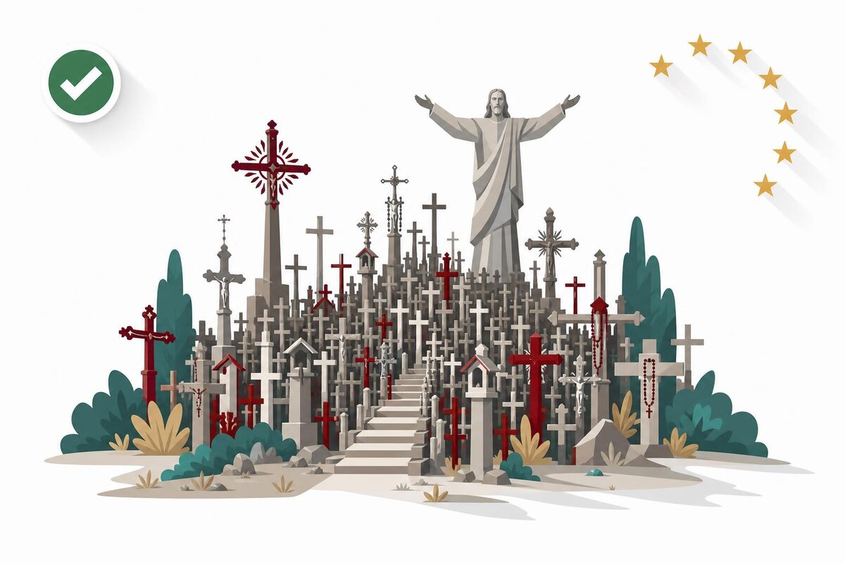 Flat illustration of a landmark in Lituania with a verified VAT checkmark.