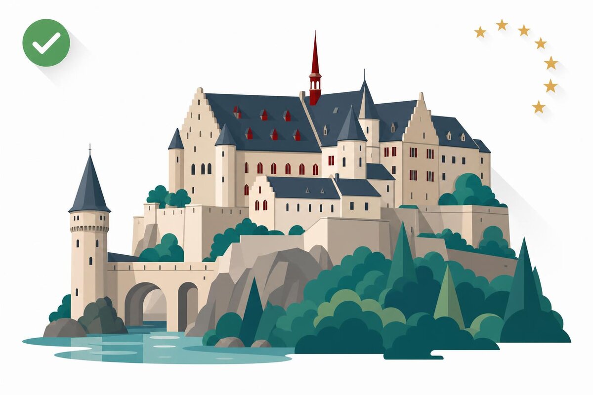Flat illustration of a landmark in Luxemburgo with a verified VAT checkmark.