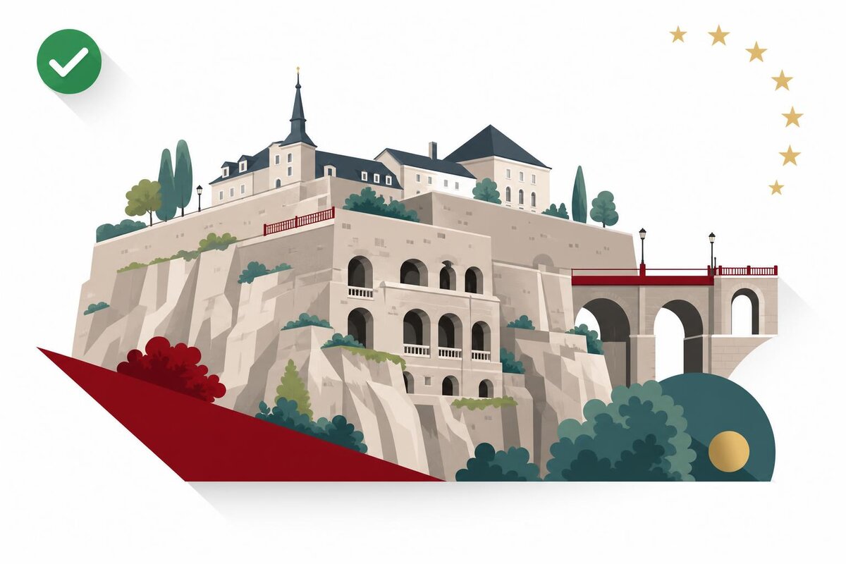 Flat illustration of a landmark in Luxemburgo with a verified VAT checkmark.