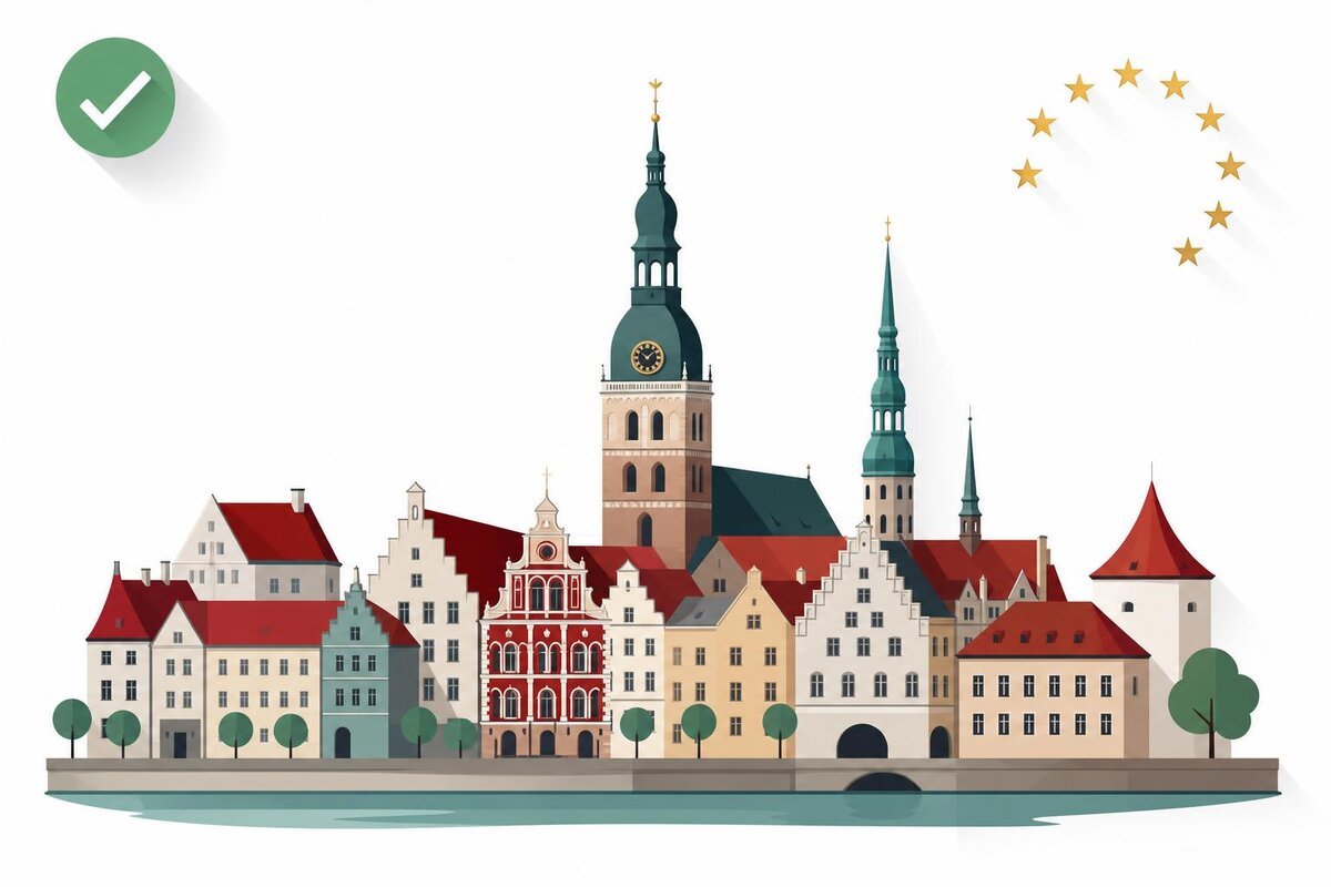 Flat illustration of a landmark in Lotwa with a verified VAT checkmark.