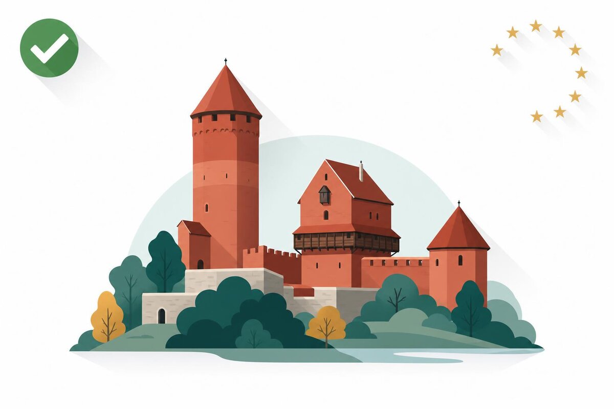Flat illustration of a landmark in Lotwa with a verified VAT checkmark.