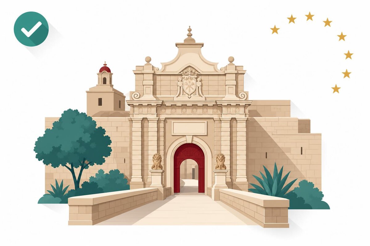 Flat illustration of a landmark in Malta with a verified VAT checkmark.