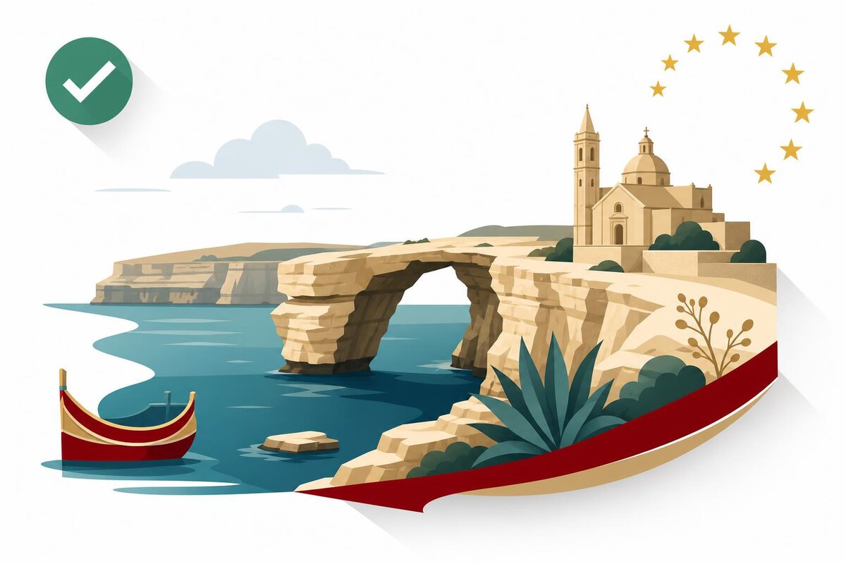 Flat illustration of a landmark in Malta with a verified VAT checkmark.