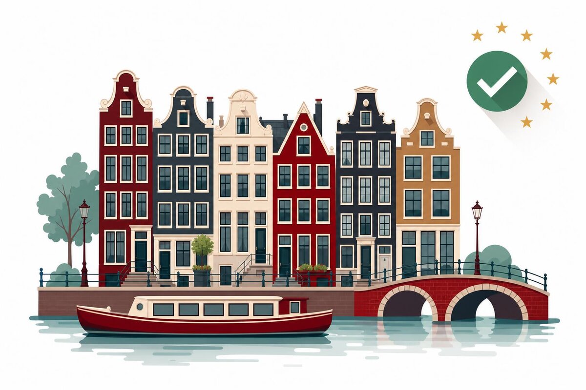 Flat illustration of a landmark in Paises Baixos with a verified VAT checkmark.