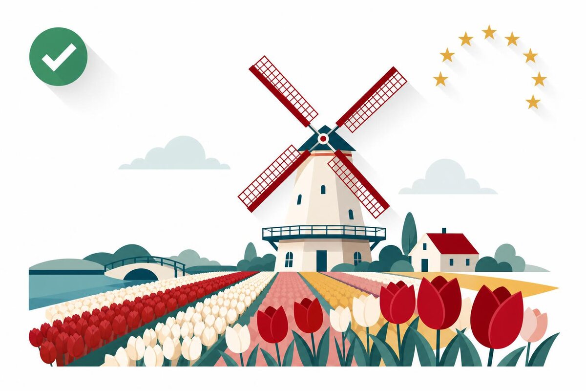Flat illustration of a landmark in Paises Baixos with a verified VAT checkmark.