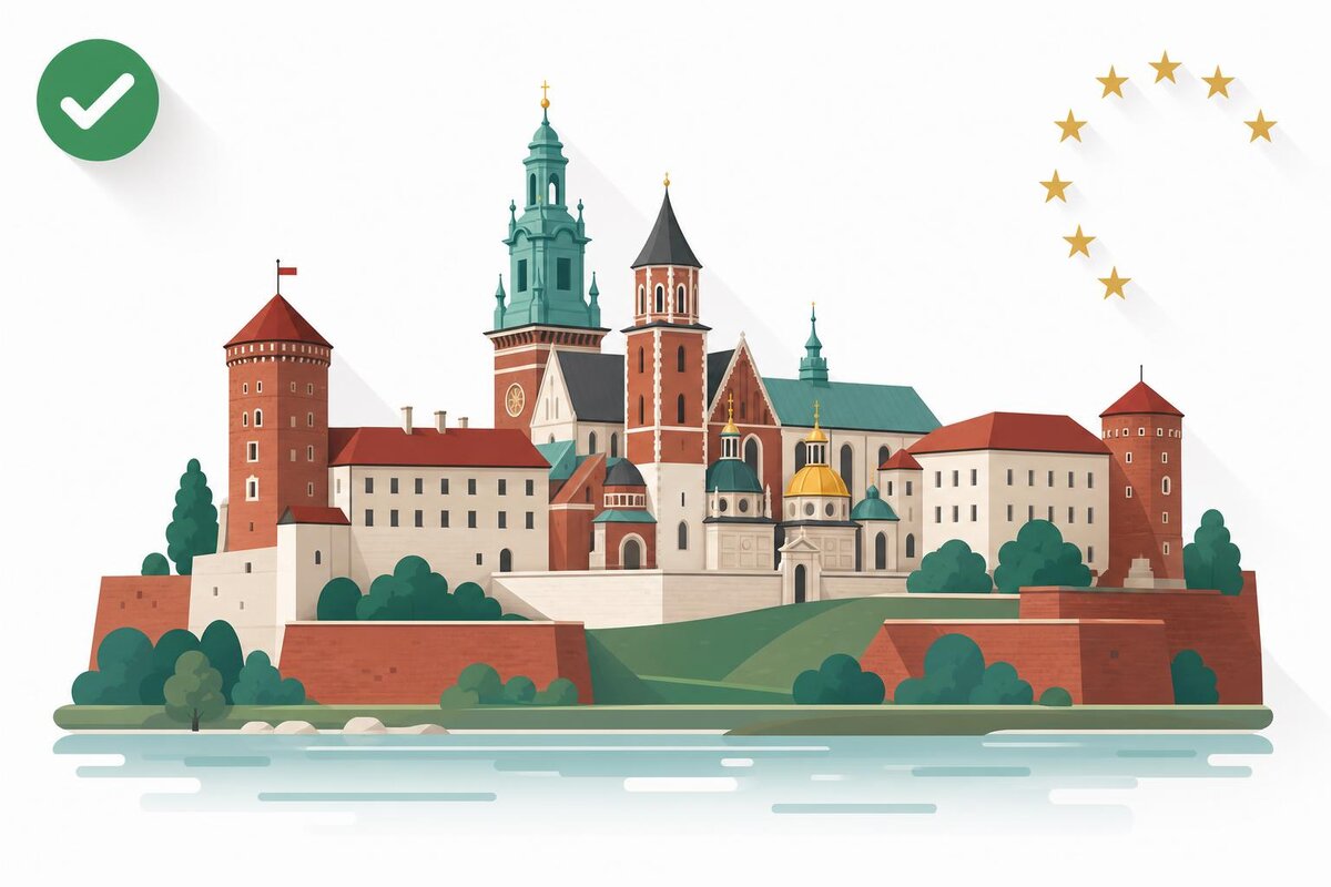 Flat illustration of a landmark in Polonia with a verified VAT checkmark.