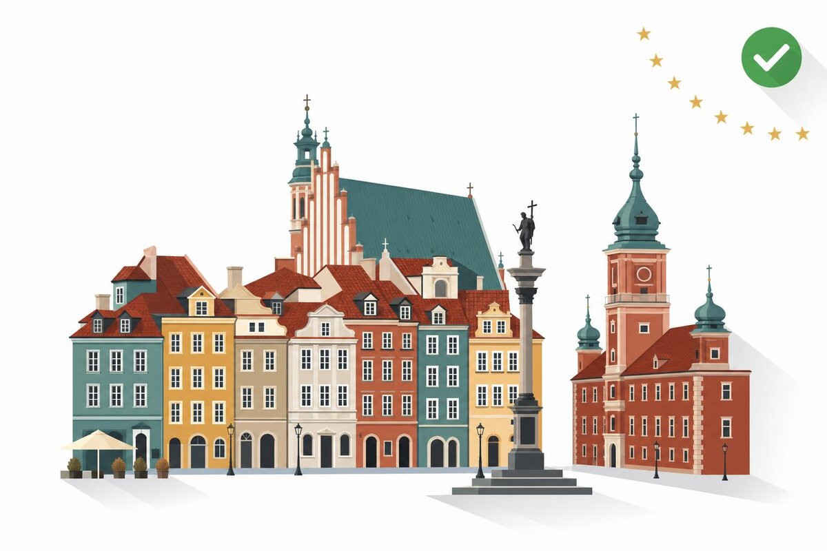 Flat illustration of a landmark in Polonia with a verified VAT checkmark.