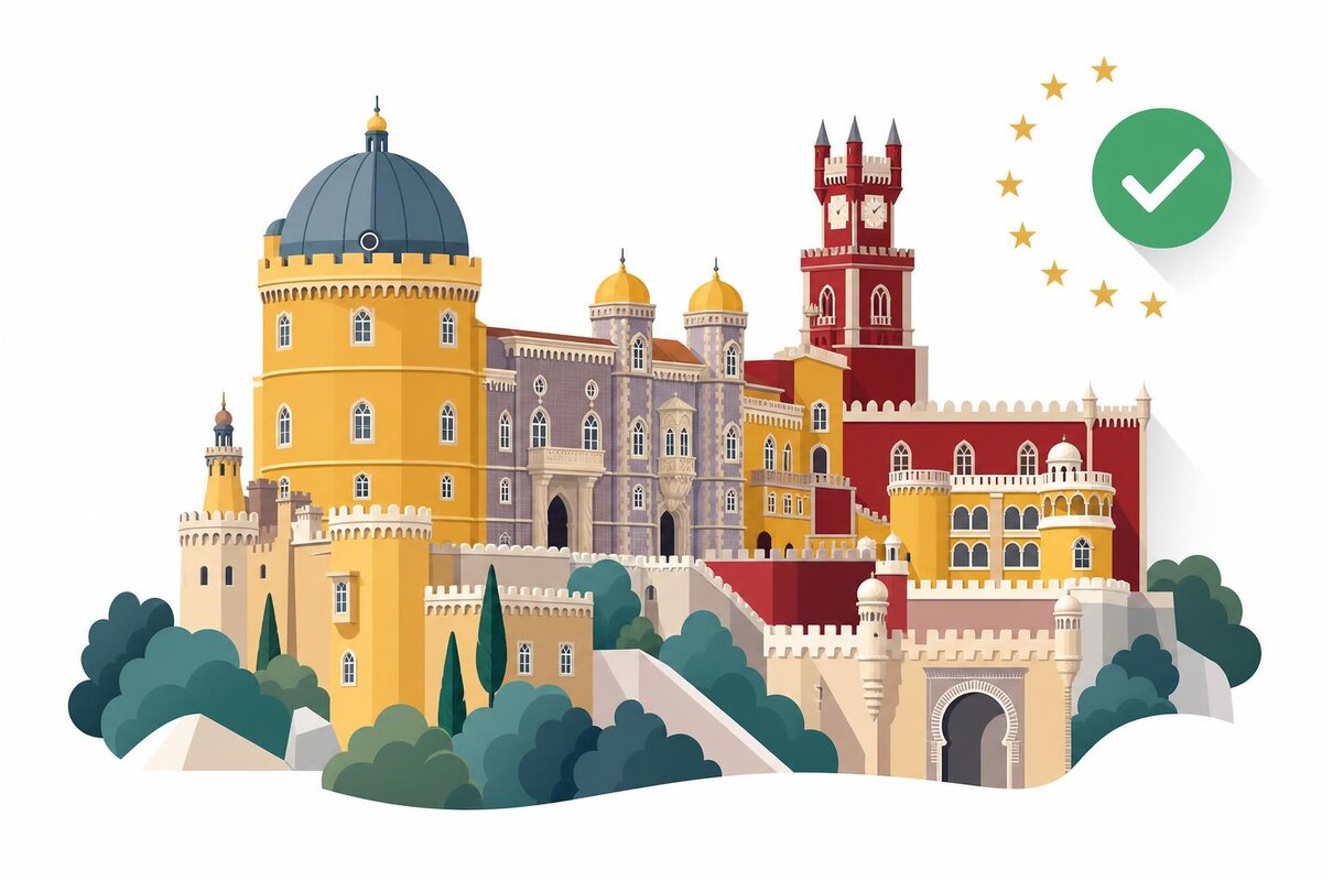 Flat illustration of a landmark in Portugalia with a verified VAT checkmark.