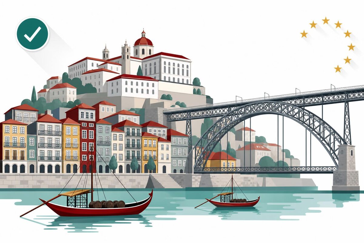 Flat illustration of a landmark in Portugalia with a verified VAT checkmark.