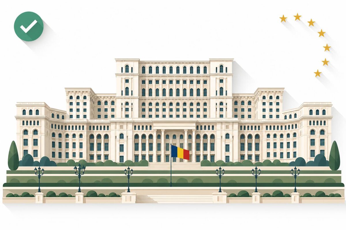 Flat illustration of a landmark in Rumunia with a verified VAT checkmark.