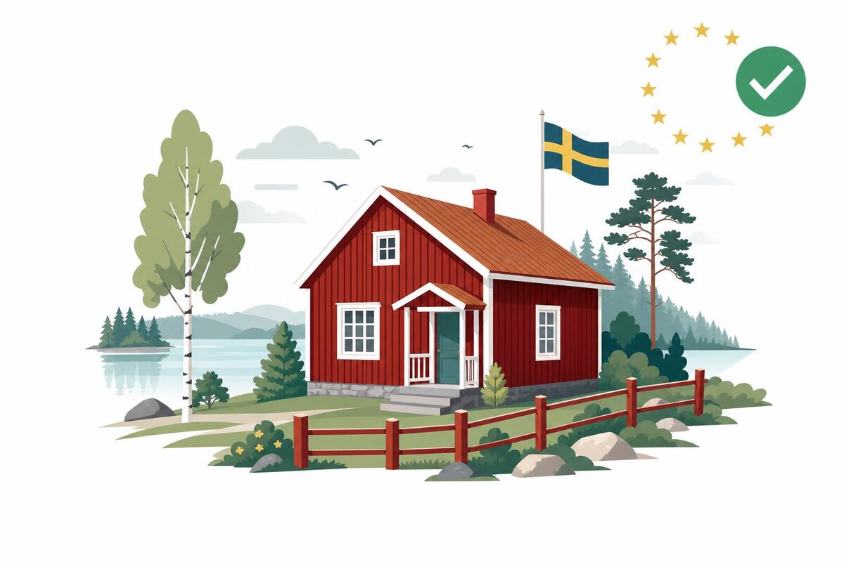 Flat illustration of a landmark in Suecia with a verified VAT checkmark.