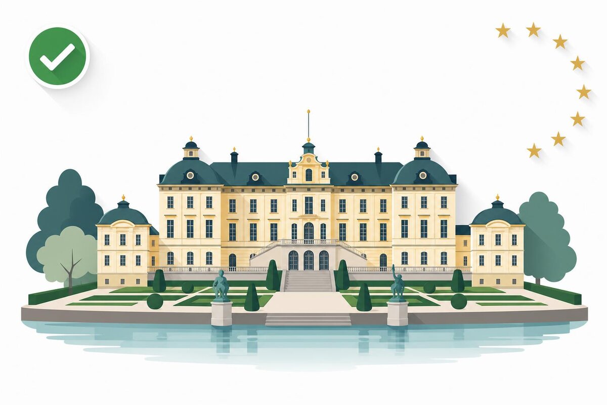 Flat illustration of a landmark in Suecia with a verified VAT checkmark.