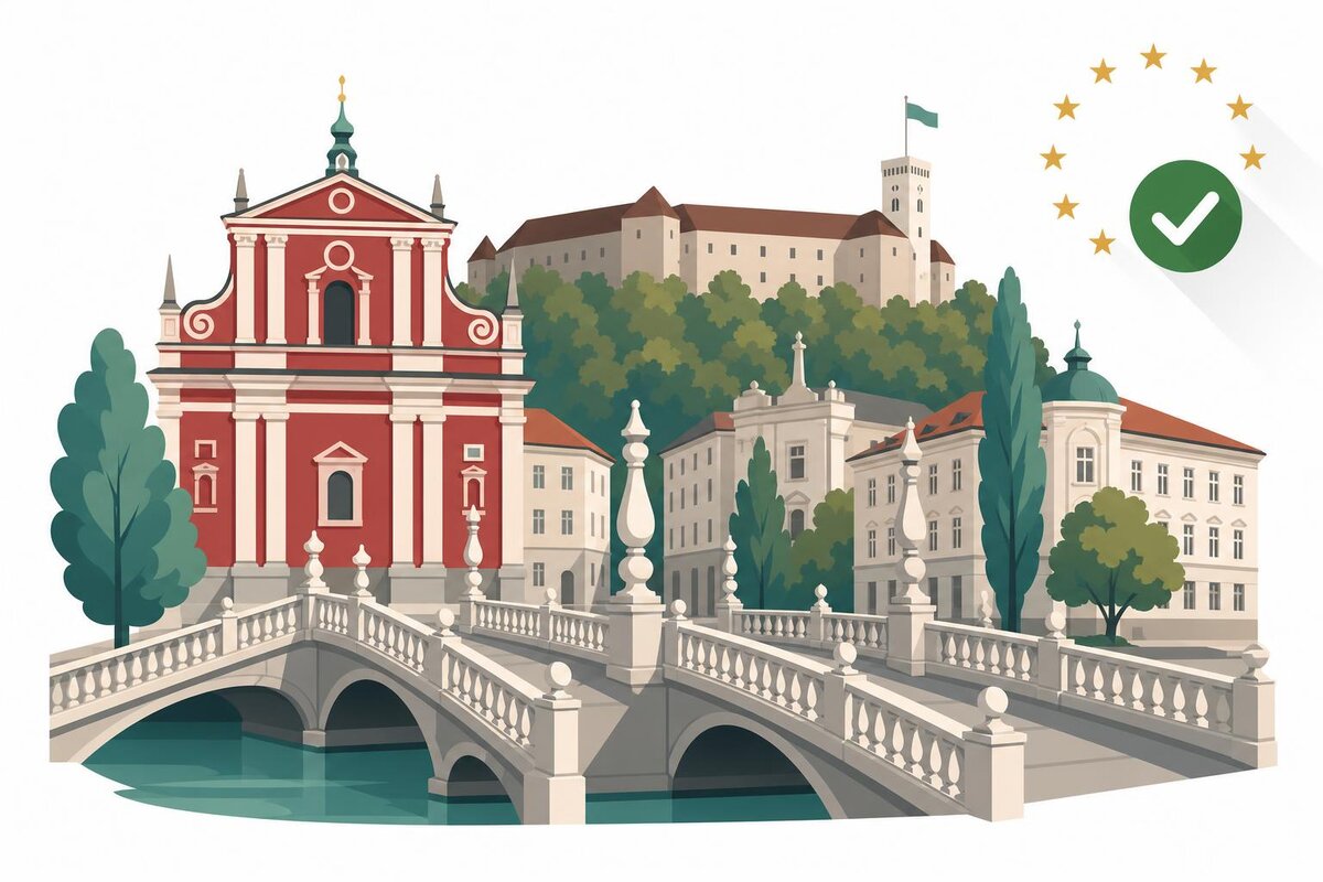 Flat illustration of a landmark in Slowenia with a verified VAT checkmark.