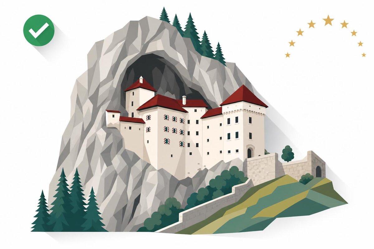 Flat illustration of a landmark in Slowenia with a verified VAT checkmark.