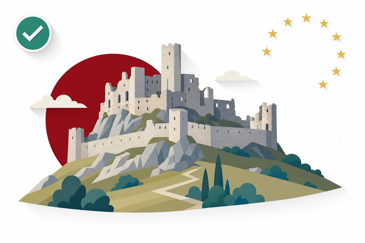 Flat illustration of a landmark in Slowacja with a verified VAT checkmark.